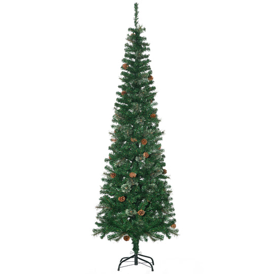 6.5ft tall slim green pencil Christmas tree with pine-needle tips and pine cones
