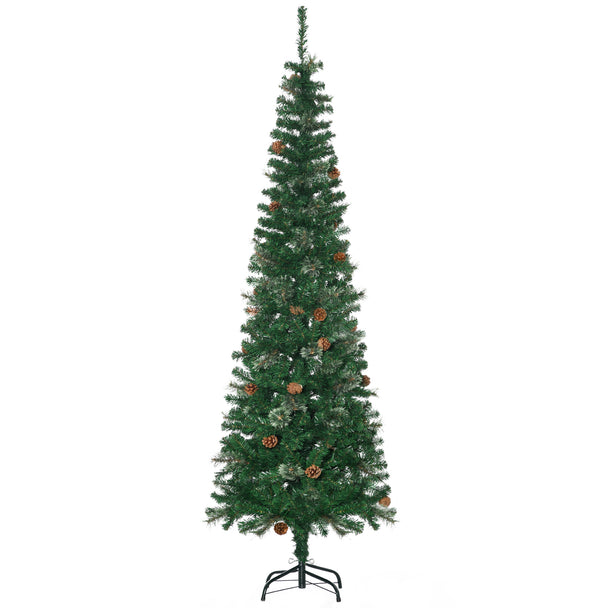 6.5ft tall slim green pencil Christmas tree with pine-needle tips and pine cones