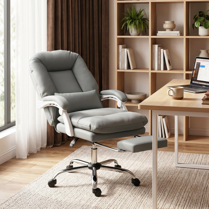 HOMCOM Ergonomic Executive Office Chair, Reclining Desk Chair with Lumbar Support, Footrest, Plush Thick Cushion, Grey – view 2