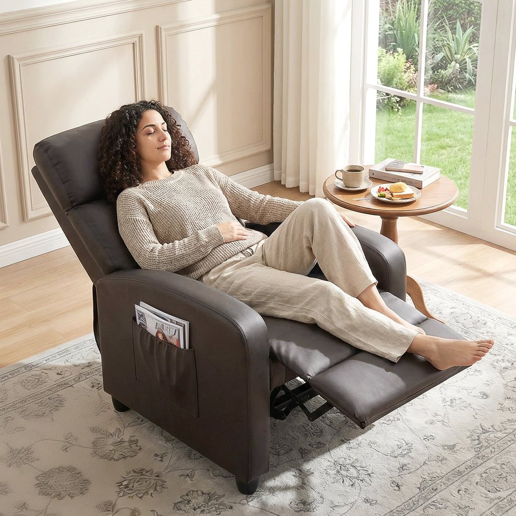 HOMCOM Recliner Armchair, Massage Faux Leather Push Back Reclining Chair with Adjustable Leg Rest, Side Pocket, for Home Living Room Theatre, Brown