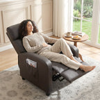 HOMCOM Recliner Armchair, Massage Faux Leather Push Back Reclining Chair with Adjustable Leg Rest, Side Pocket, for Home Living Room Theatre, Brown
