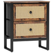 Rustic brown industrial bedside table with two woven rattan drawers and black steel frame