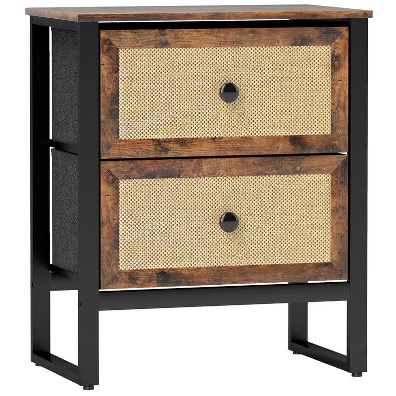 Rustic brown industrial bedside table with two woven rattan drawers and black steel frame