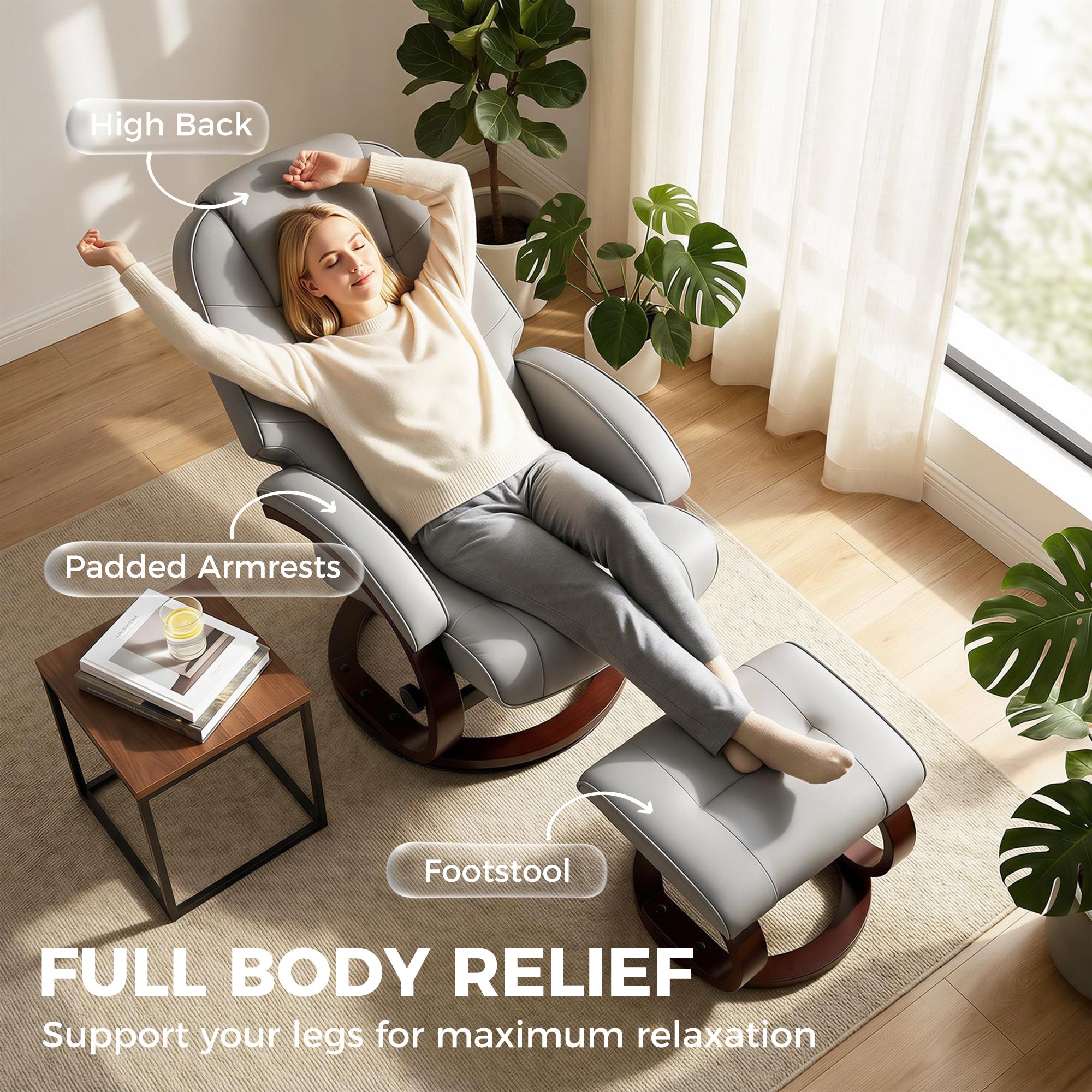 Swivel Recliner Chair with Footstool, PU Leather Recliner Armchair with Adjustable Back and Wood Frame, Grey
