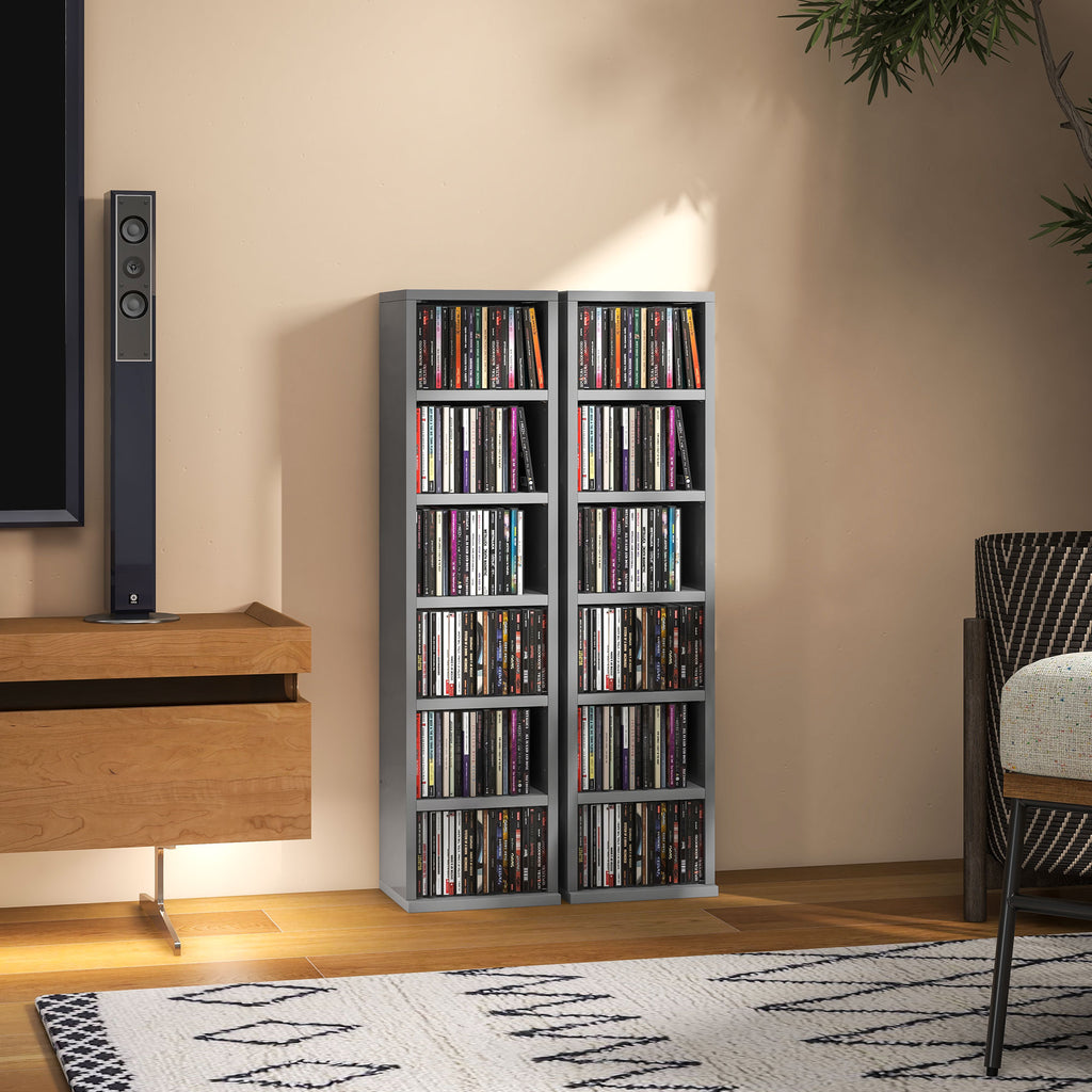 Set of 2 CD Media Display Shelf Unit Tower Rack with Adjustable Shelves, High Gloss Grey