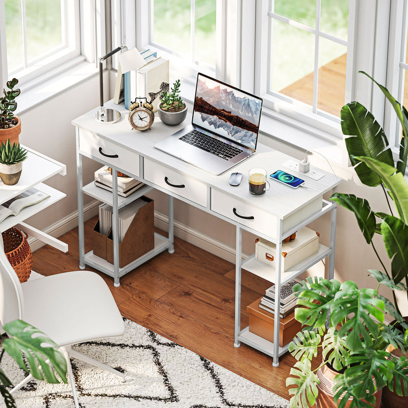 HOMCOM 120cm Computer Desk with Power Outlets, Office Desk Study Table with 3 Fabric Drawers and 4 Storage Shelves – view 2