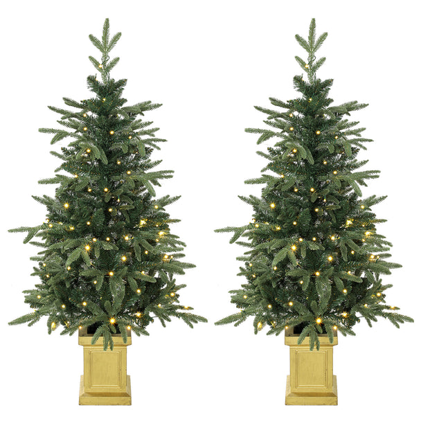 HOMCOM Set of 2 Prelit Christmas Trees with Dual-Colour LEDs, Remote, 4ft Artificial Aspen Fir Battery-Operated, 11