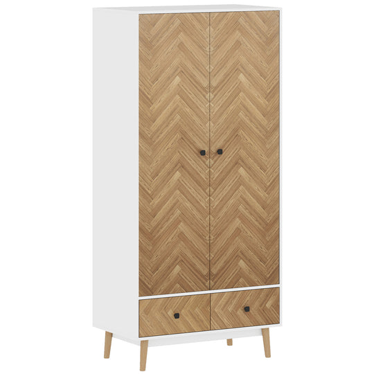 White 90 cm wardrobe with wood-effect accents, two drawers and pine legs