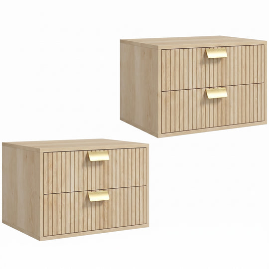 Pair of oak floating bedside tables with two drawers and wave-panel fronts