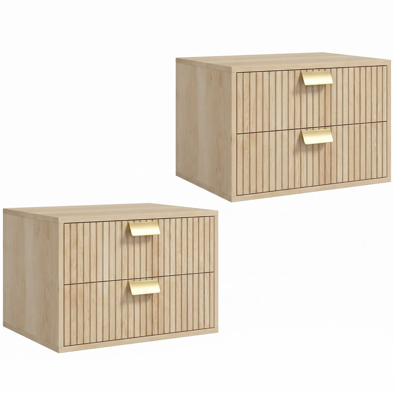 HOMCOM Modern Floating Nightstands Set of 2, Wall Mounted Bedside Tables with 2 Drawers, Oak
