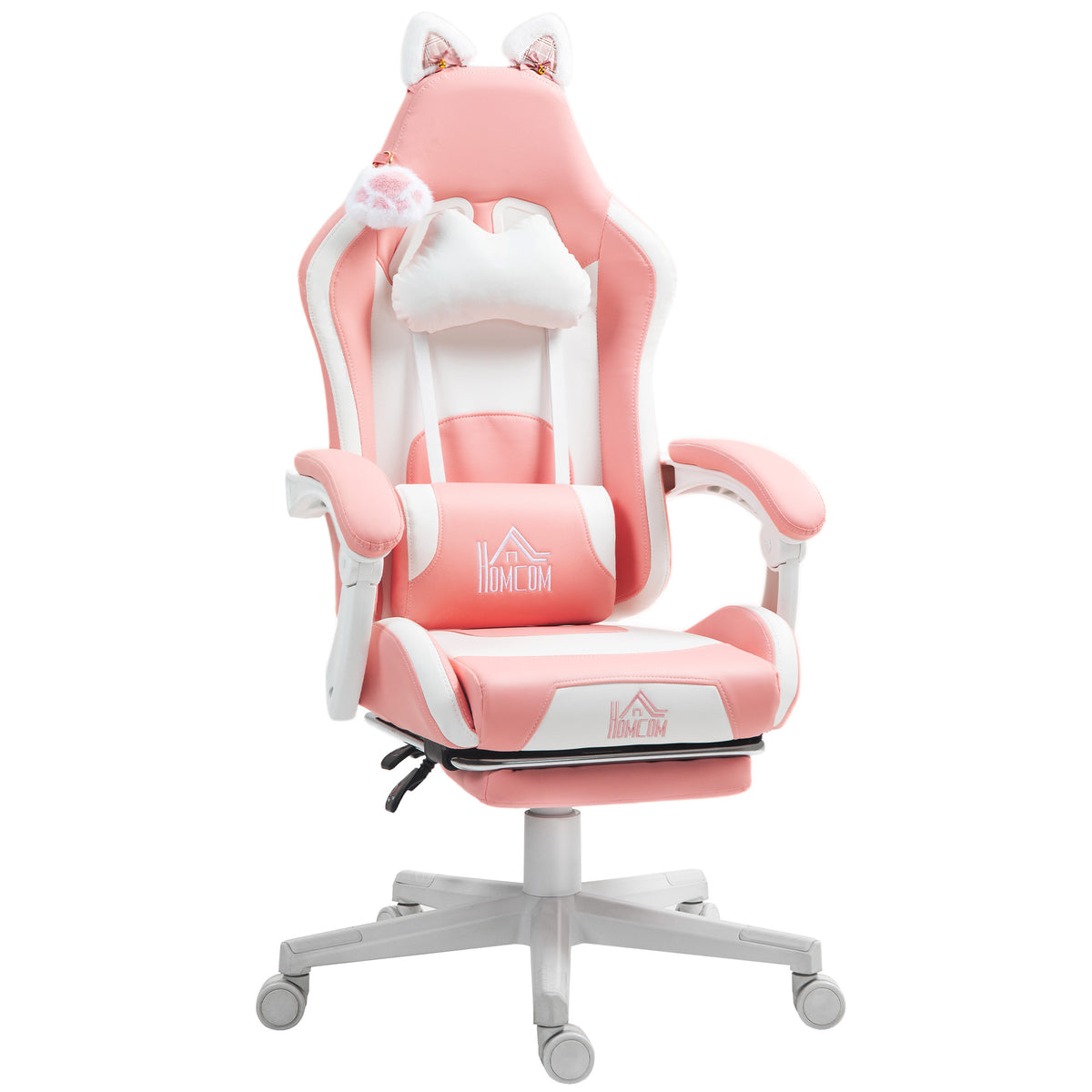 Pink and white cat ear reclining gaming chair with footrest and pillows