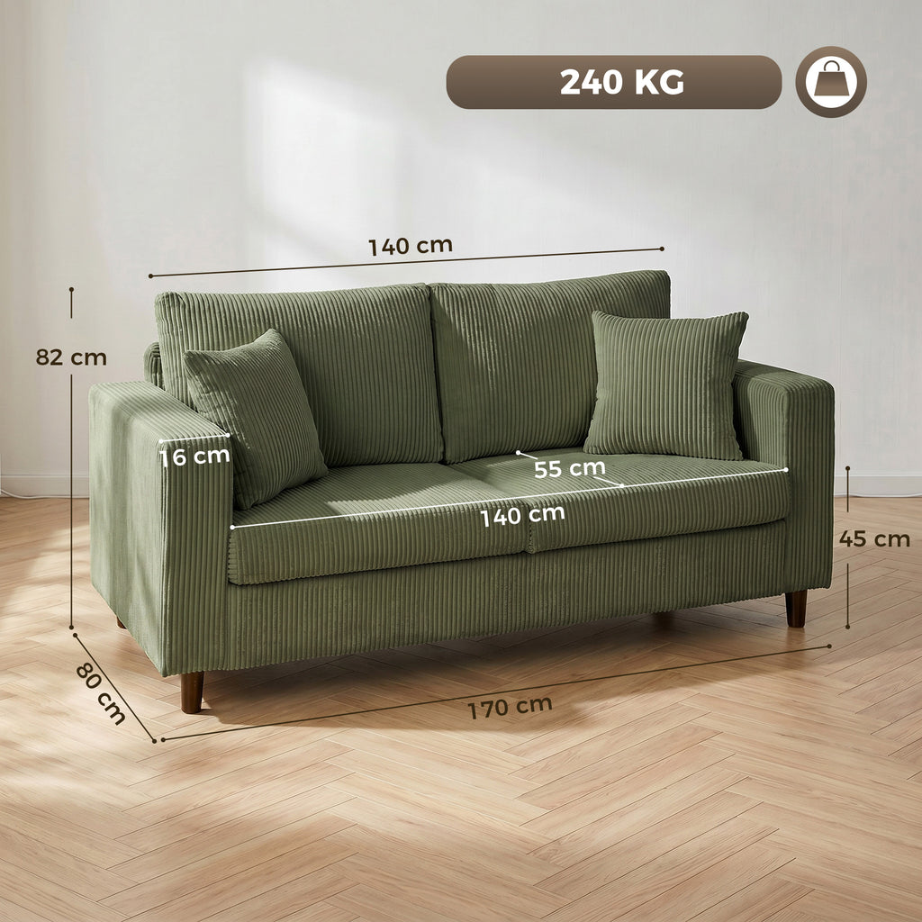 Loveseat Sofa with Wide Seat, Corduroy 2 Seater Couch with Deep Seat, Spring Cushion, Green