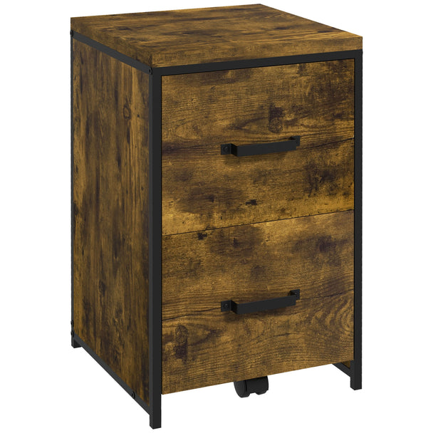 Rustic brown industrial two-drawer filing cabinet with steel frame