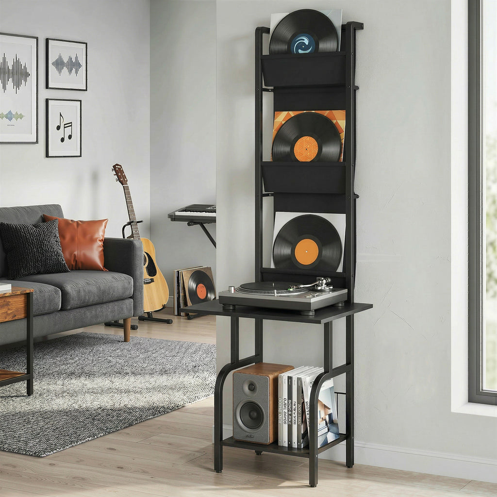 Vinyl Record Player Stand Record Storage with Player Stand Oxford Fabric Pockets Bottom Shelf, Black