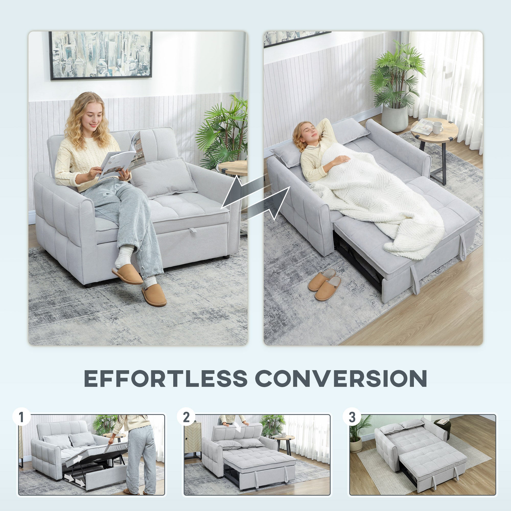 2 Seater Sofa Bed, 3-in-1 Convertible Sleeper Sofa with Click-clack Adjustable Backrest and 2 Pillows, Light Grey