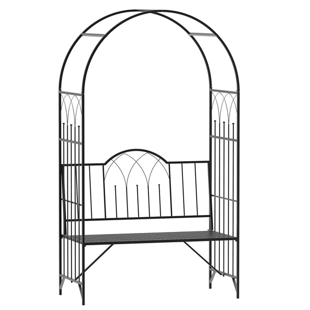 Black antique-style metal arbour bench with rose trellis arch and patterned sides