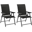 Set of two black folding garden chairs with mesh seats, armrests and steel frames