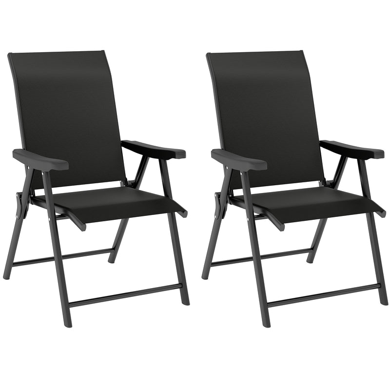 Set of two black folding garden chairs with mesh seats, armrests and steel frames