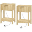 HOMCOM Modern Fluted Nightstand Set of 2, Bedside Table with Charging Station, Drawer and Open Shelf for Bedroom, Oak