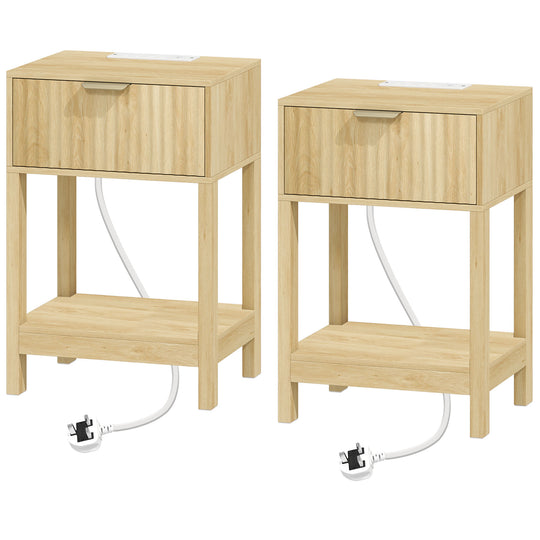 HOMCOM Modern Fluted Nightstand Set of 2, Bedside Table with Charging Station, Drawer and Open Shelf for Bedroom, Oak