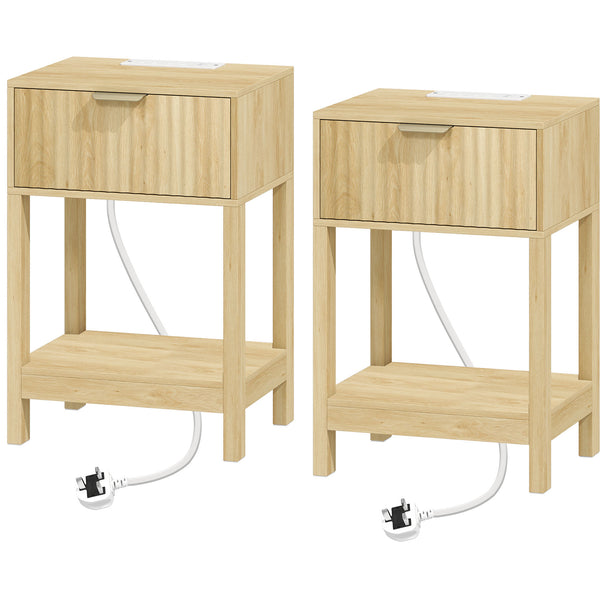 HOMCOM Modern Fluted Nightstand Set of 2, Bedside Table with Charging Station, Drawer and Open Shelf for Bedroom, Oak