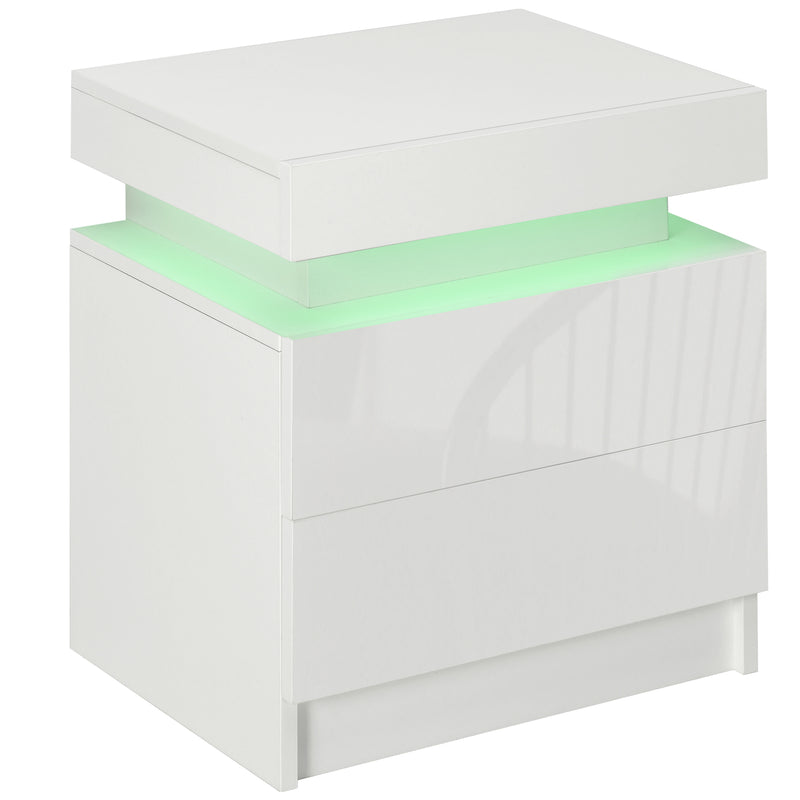 White high gloss bedside table with LED light strip and two drawers