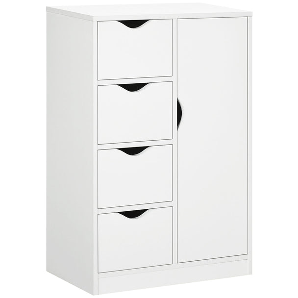 White freestanding bathroom cabinet with four drawers and two-tier cupboard