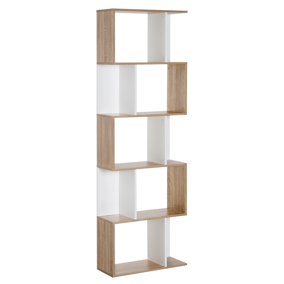 184.5 cm S-Shaped 5-Tier Bookcase – Oak & White