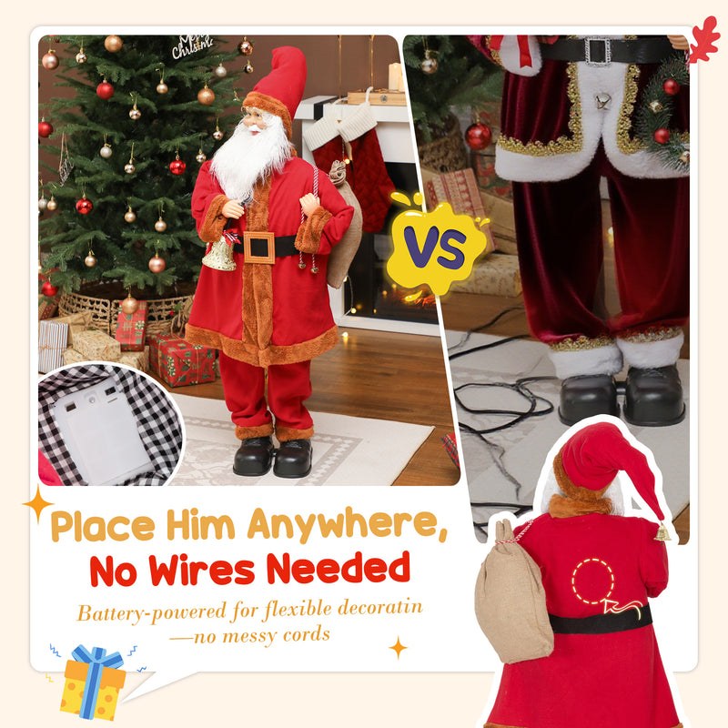 Santa figure displayed beside a Christmas tree