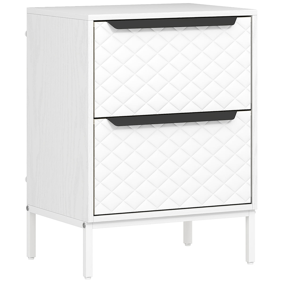 White 2-drawer fabric bedside chest with diamond-stitched fronts and aluminium handles