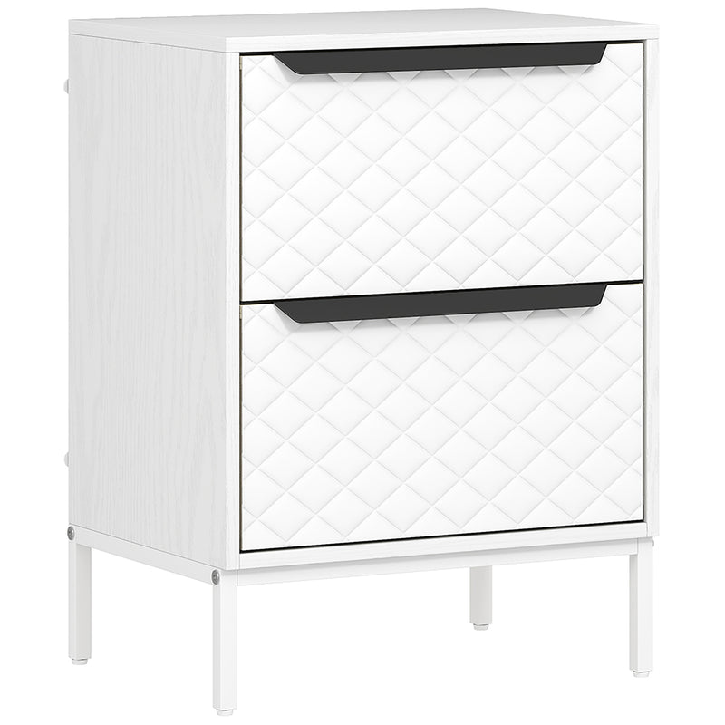 White 2-drawer fabric bedside chest with diamond-stitched fronts and aluminium handles