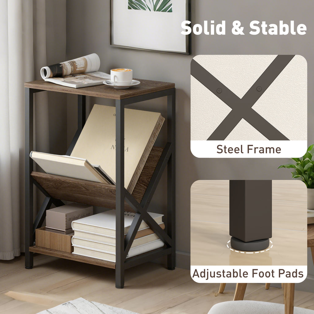 Narrow Side Table, End Table with 3-Tier Storage, V-Shaped Magazine Holder for Living Room, Bedroom, 40 x 30 x 61cm, Oak