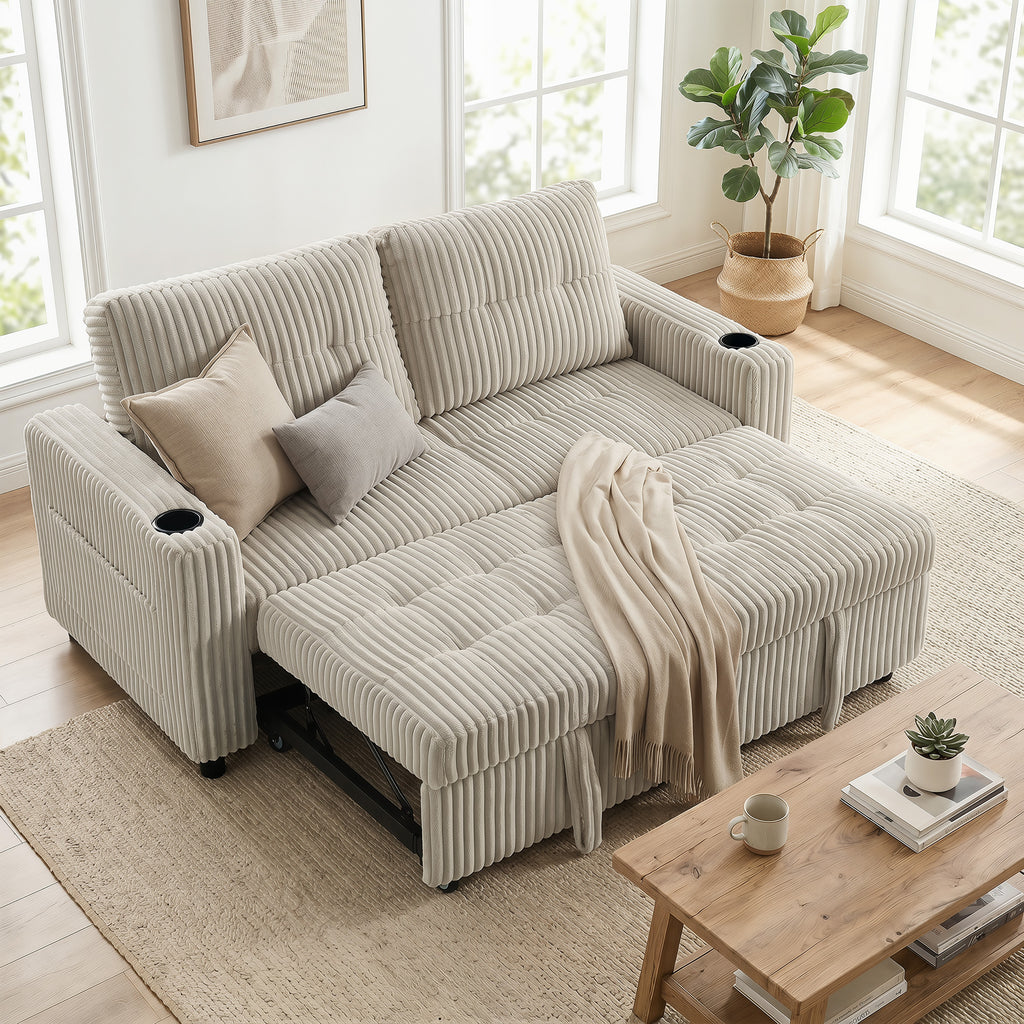Corduroy Click Clack Sleeper Sofa with Pull Out Design, 2 Seater Sofa Bed, Cream White