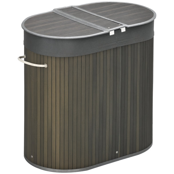 Grey 100-litre two-section bamboo laundry basket with lids