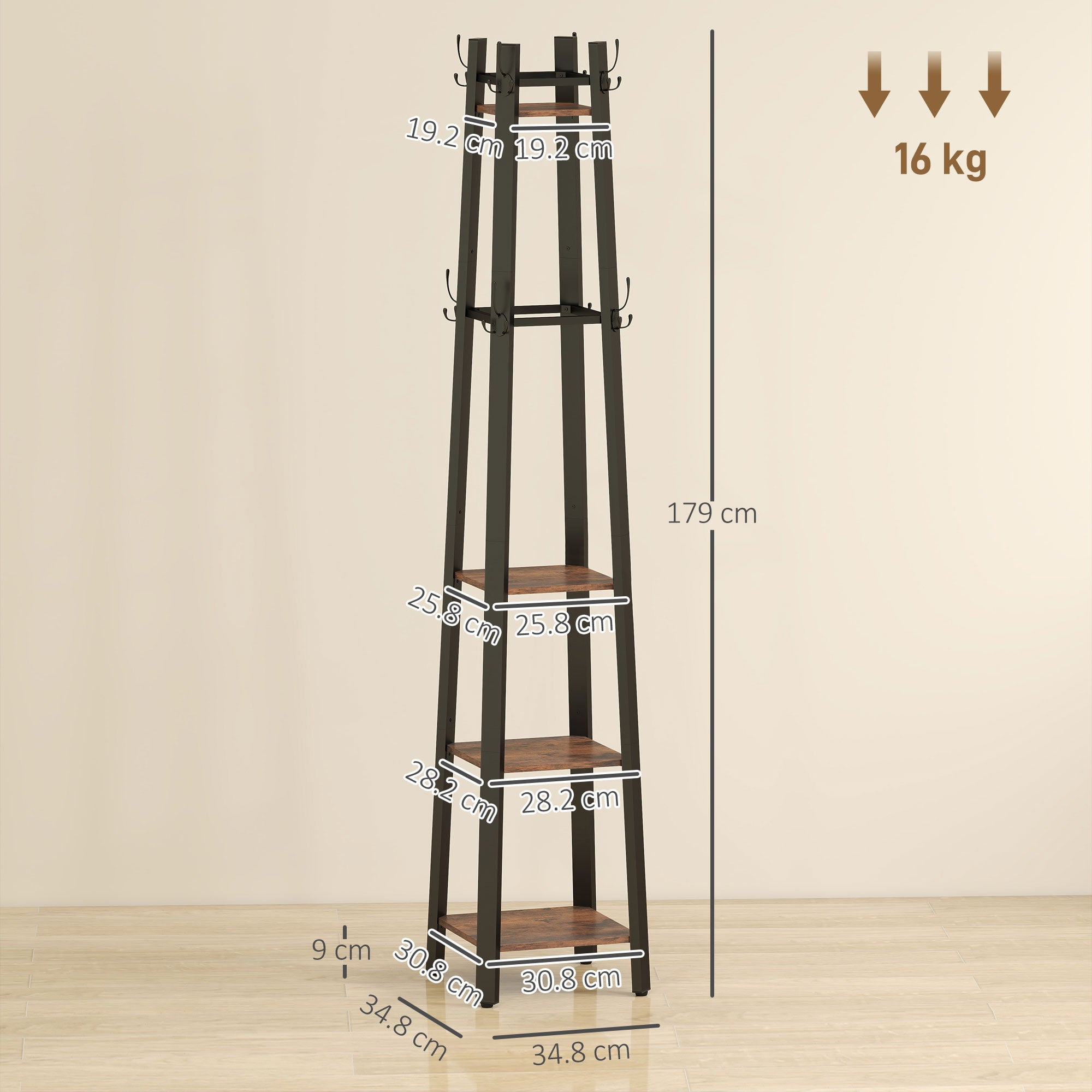 Industrial-Style Four Shelf Coat Stand - Brown/Black