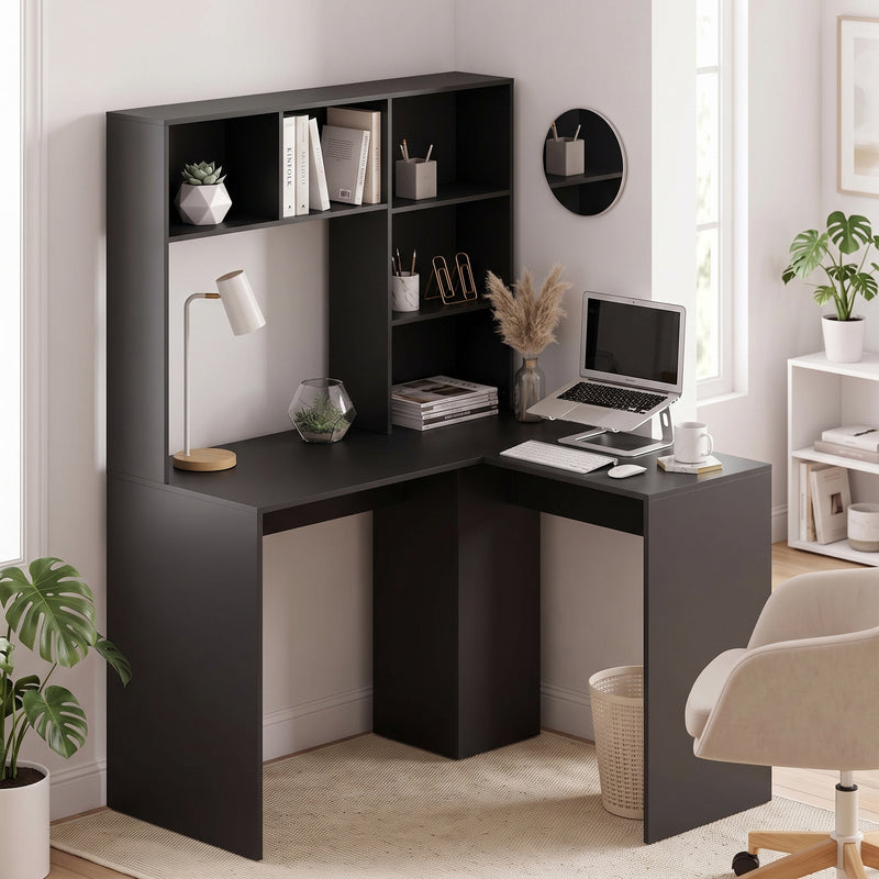HOMCOM Modern Corner Computer Desk, L Shaped Desk with Monitor Stand and Storage Shelves for Home Office, Bedroom, Black – view 2