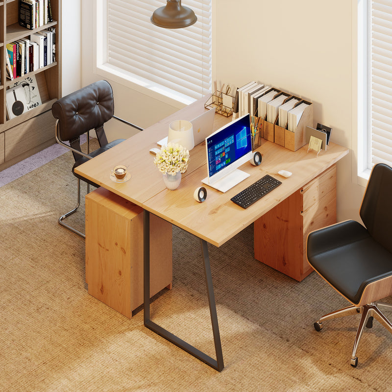 HOMCOM Computer Desk, Writing Desk with Cabinet, Drawer, Metal Legs, Work Table for Home Office Study, Natural Wood – view 9