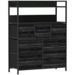 Black 7-drawer fabric storage unit with wood-effect top, open shelf and steel frame