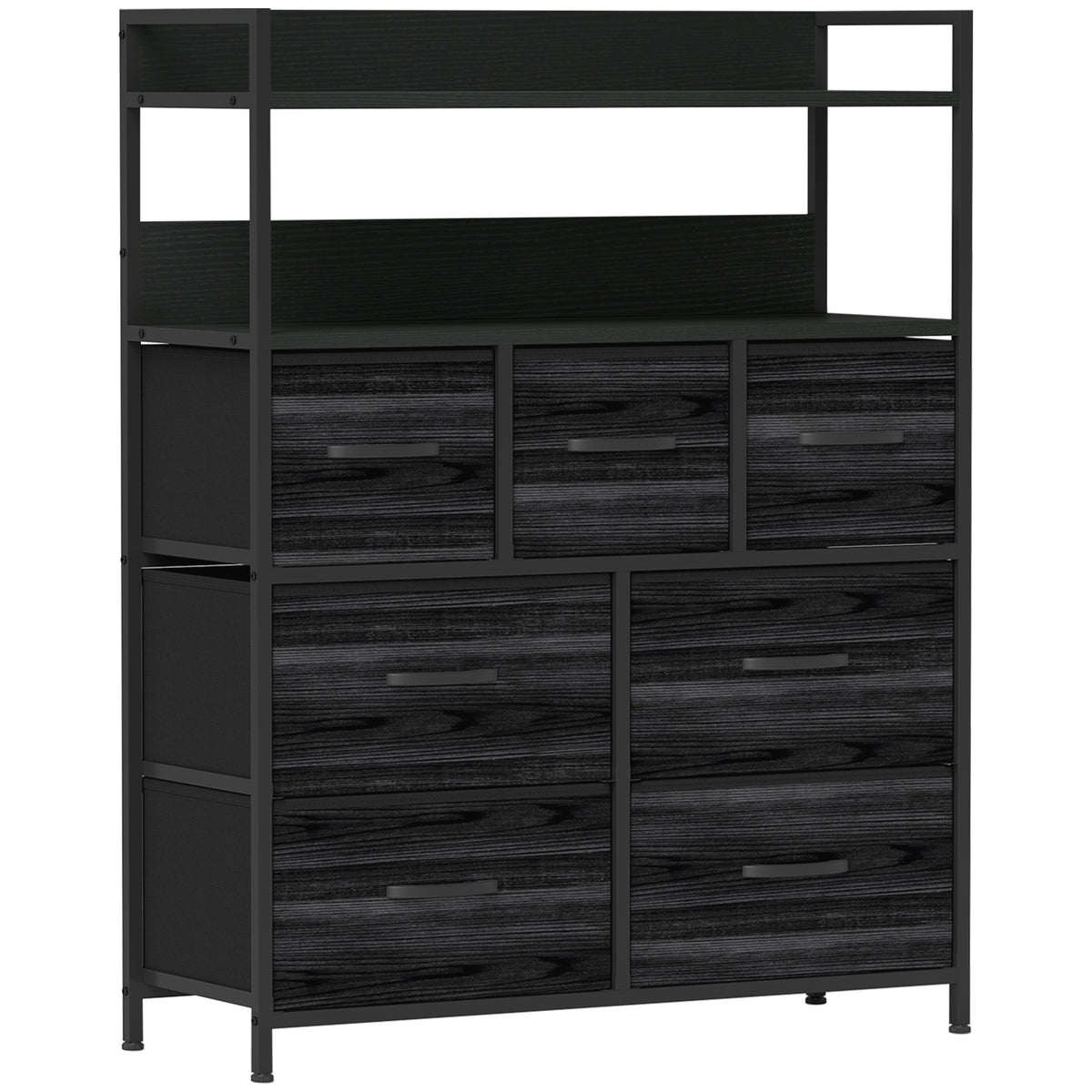 Black 7-drawer fabric storage unit with wood-effect top, open shelf and steel frame