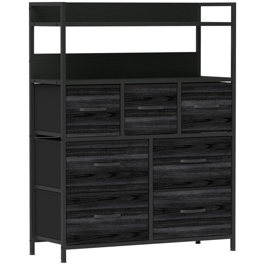 Black 7-drawer fabric storage unit with wood-effect top, open shelf and steel frame