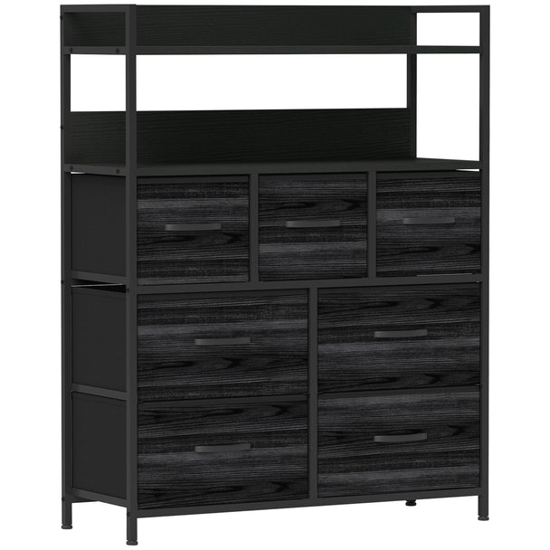 Black 7-drawer fabric storage unit with wood-effect top, open shelf and steel frame