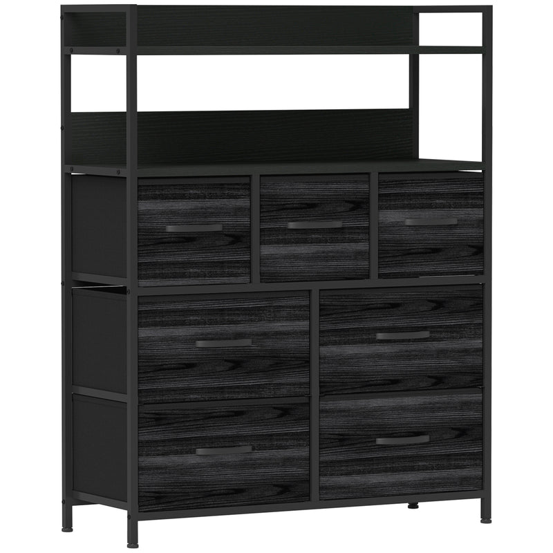 Black 7-drawer fabric storage unit with wood-effect top, open shelf and steel frame