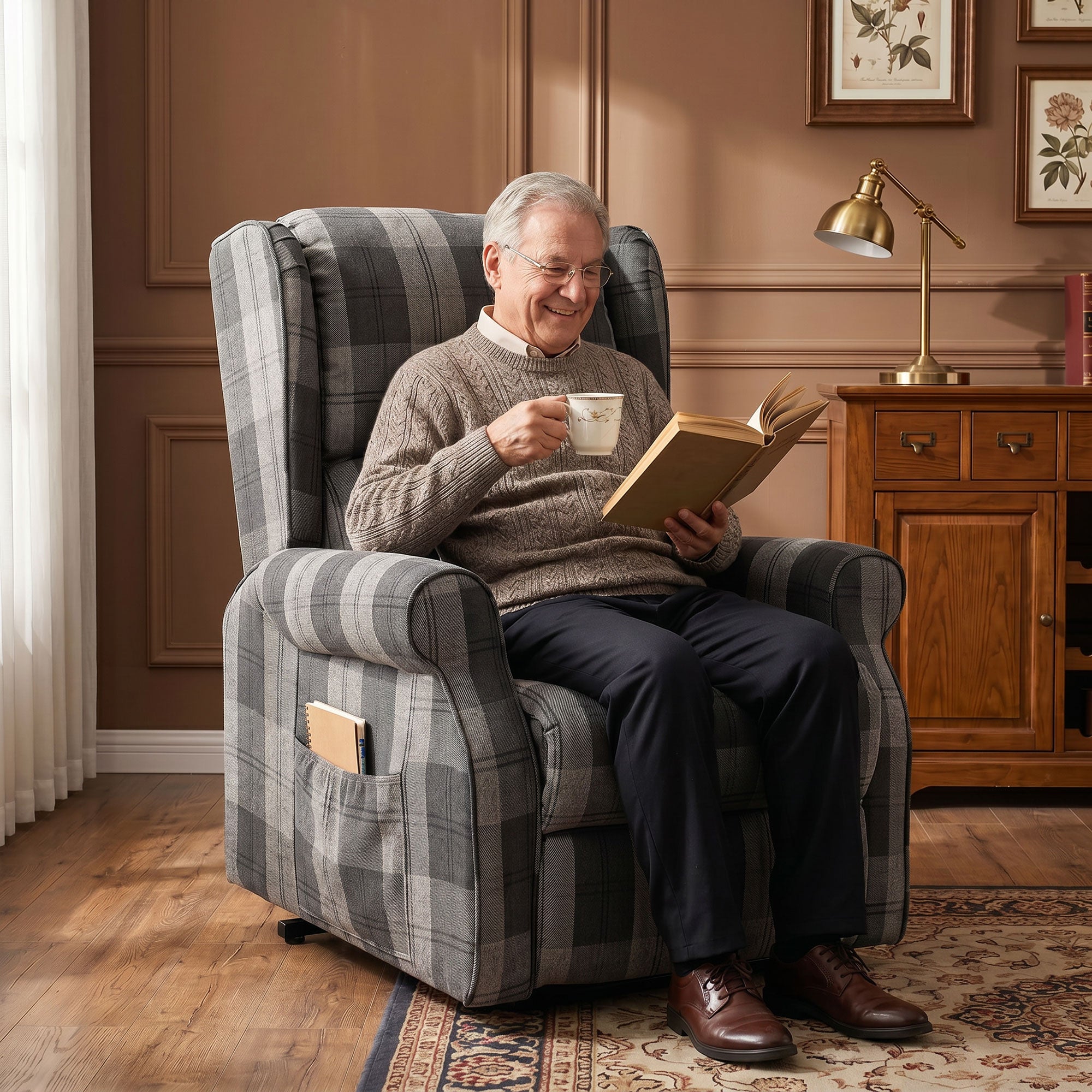 Power Lift Recliner Chair with Vibration Massage, Heat, Checked Lift Chair with Remote, Side Pockets, Grey