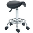 Black PU leather saddle stool with adjustable height and five castor wheels