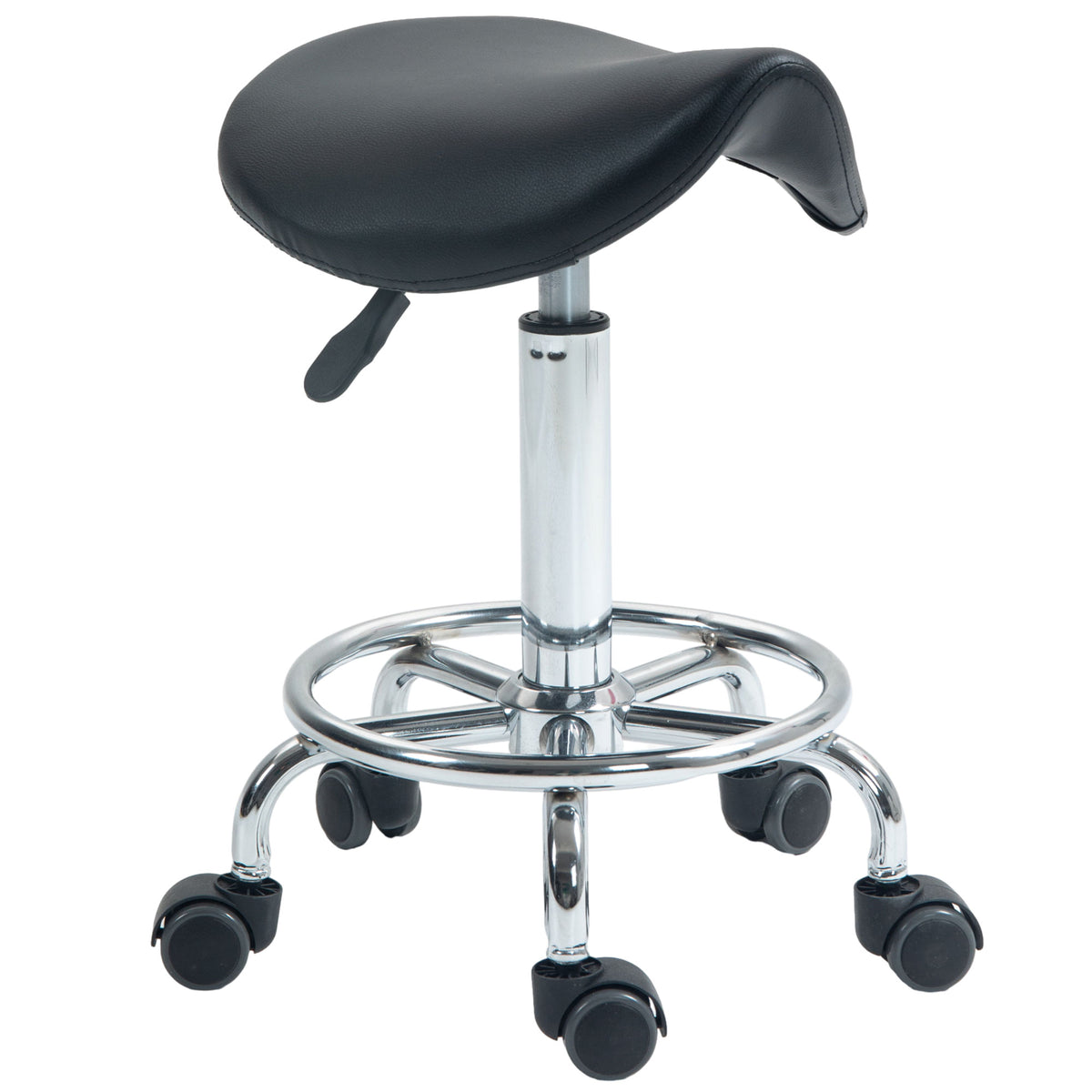 Black PU leather saddle stool with adjustable height and five castor wheels