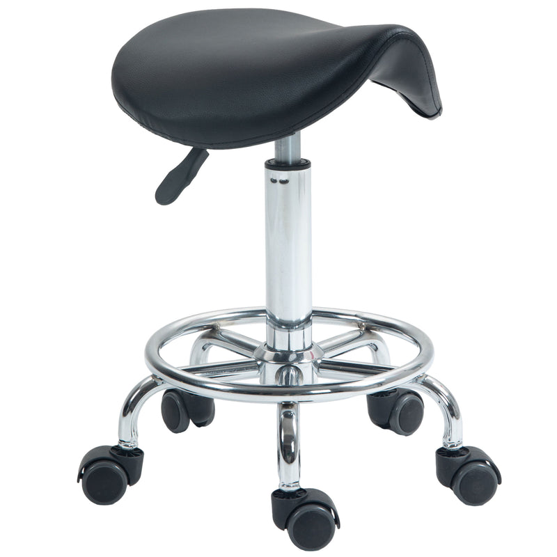 Black PU leather saddle stool with adjustable height and five castor wheels