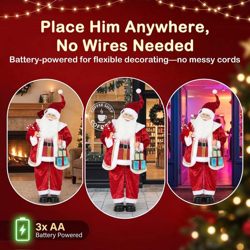 Santa figure displayed beside a Christmas tree