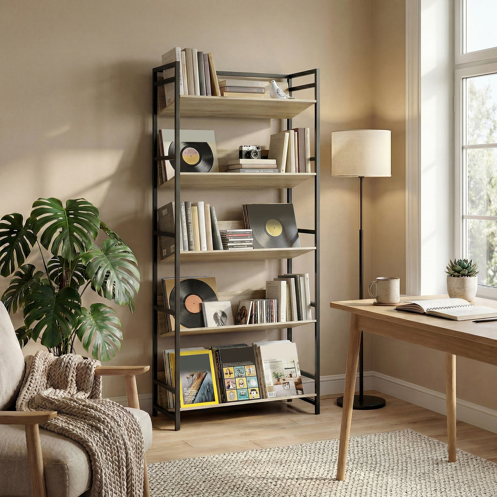 Bookshelf 5-Tier Metal Frame Bookcase Storage Shelves for Living Room Oak