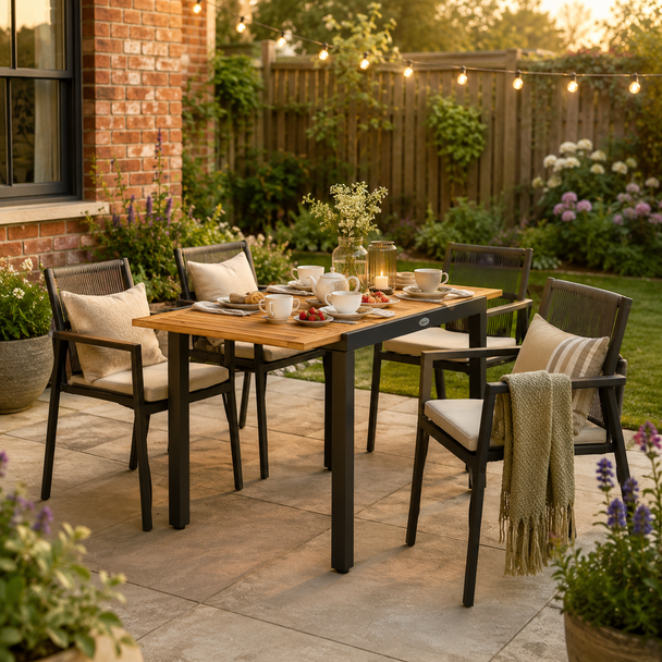Outsunny Patio Dining Table Expandable Outdoor Dining Table Acacia Wood Top 80-120 cm Natural and Black – view 2