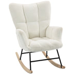 Rocking Chair, Teddy Fleece Rocker Chair with Tufted Wingback, Side Pockets, Rubber Wood Legs, Cream White
